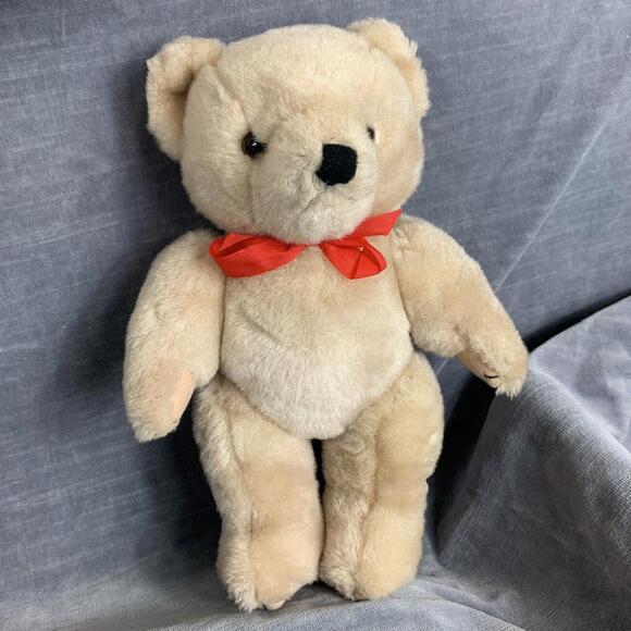 Teddy Bear Beige Jointed with Red Ribbon  9” Tall Plush Stuffed Animal Toy - Picture 2 of 6